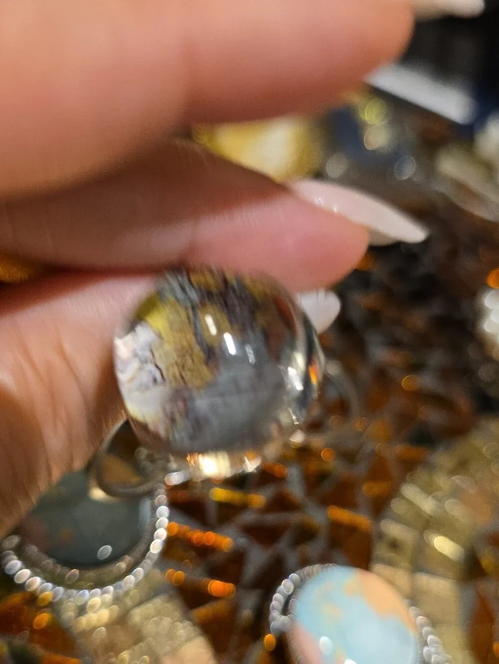Source Unknown Silver Keychain with Iridescent Multicolor Pendant